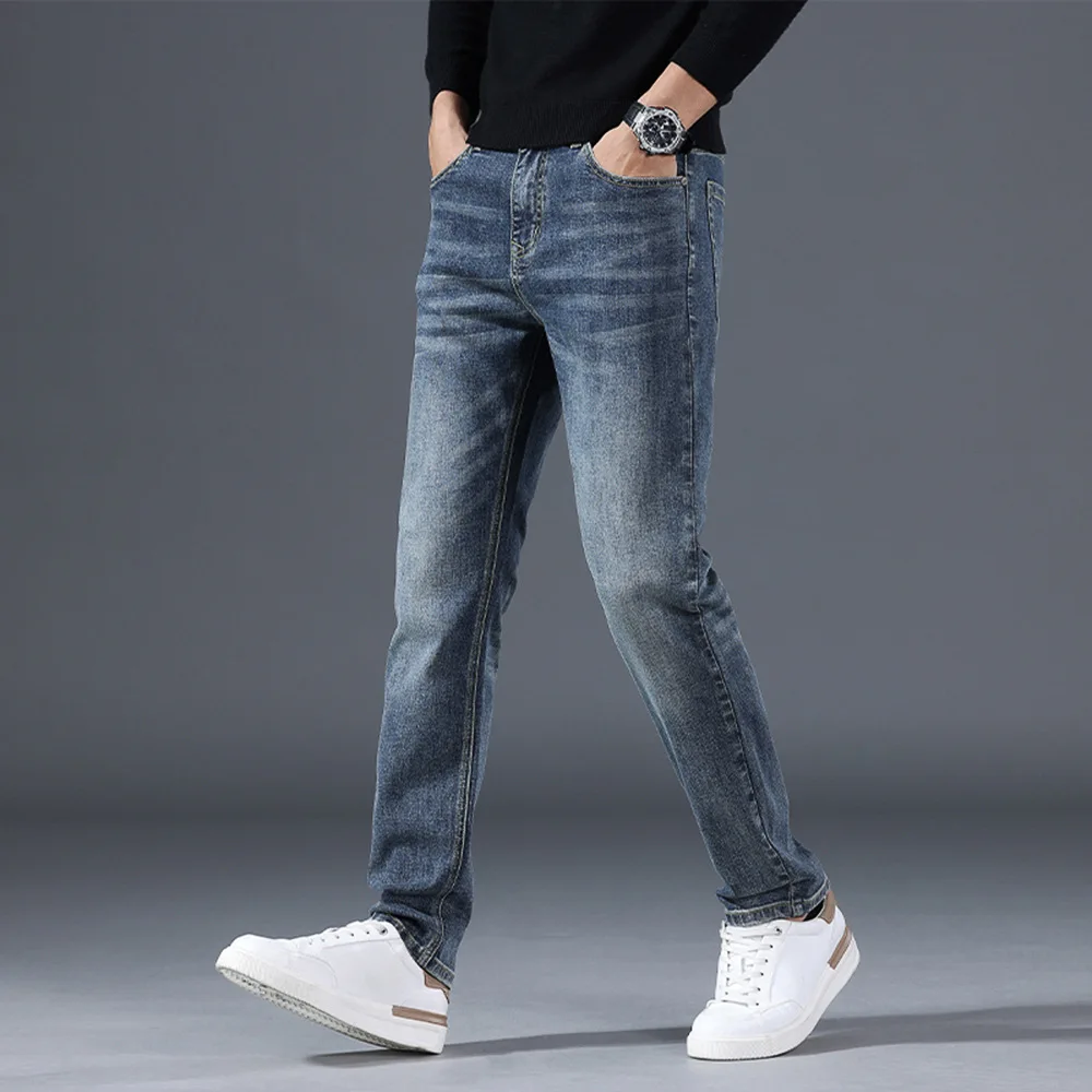 

American Four Seasons New Fashion Men's Slim Solid Color Casual Trendy Straight Jean Trousers Male Pencil Denim Pant Streetwear