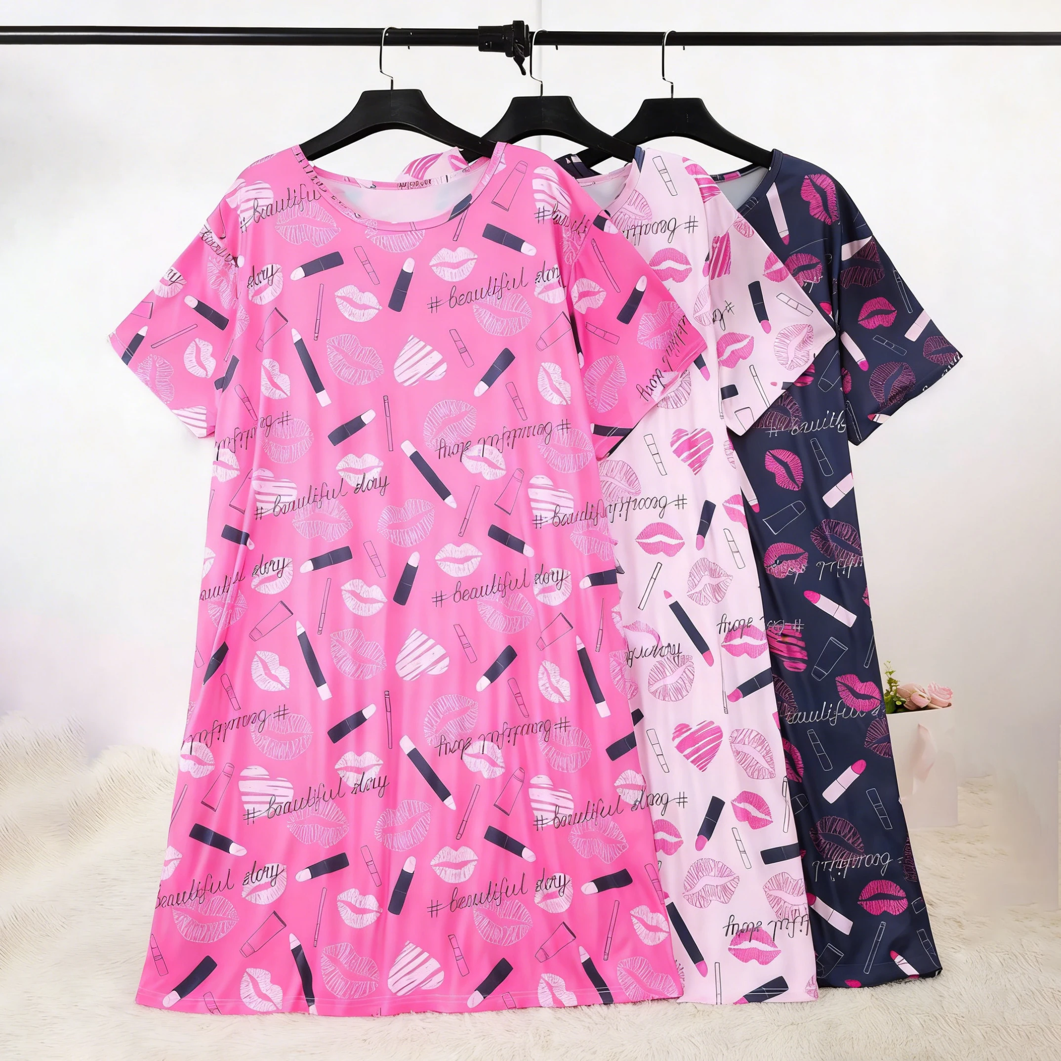 

3-Piece Set of Women's Valentine's Day Casual Nightgowns, Plus Size Heart-Shaped and Red Lip and Lipstick Print Short-Sleeve Round-Neck Loungewear Dresses