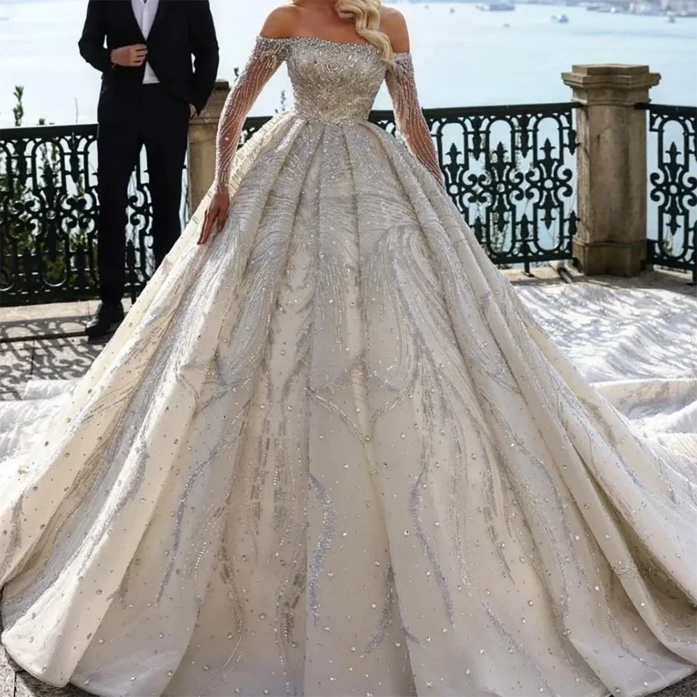 

Elegant Off Shoulder Beading Sleeveless Pleat A-Line Bride Wedding Dresses Bridal Gowns Customized