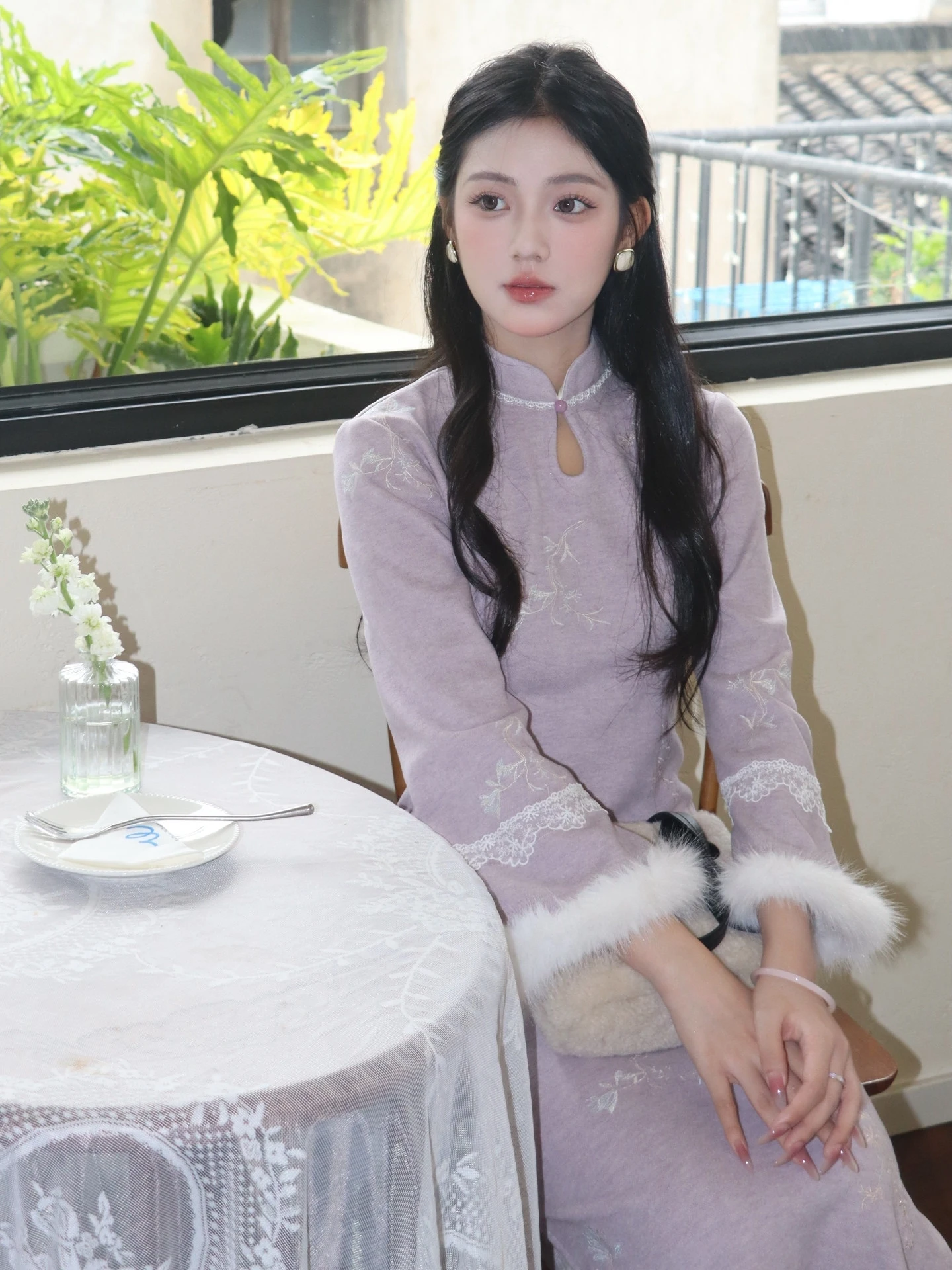 

Purple Thiened Fce Lined Retro Sle Women's Qipao Dr Winter Warm Traditional Chinese Sle Long Skirt with High Slit