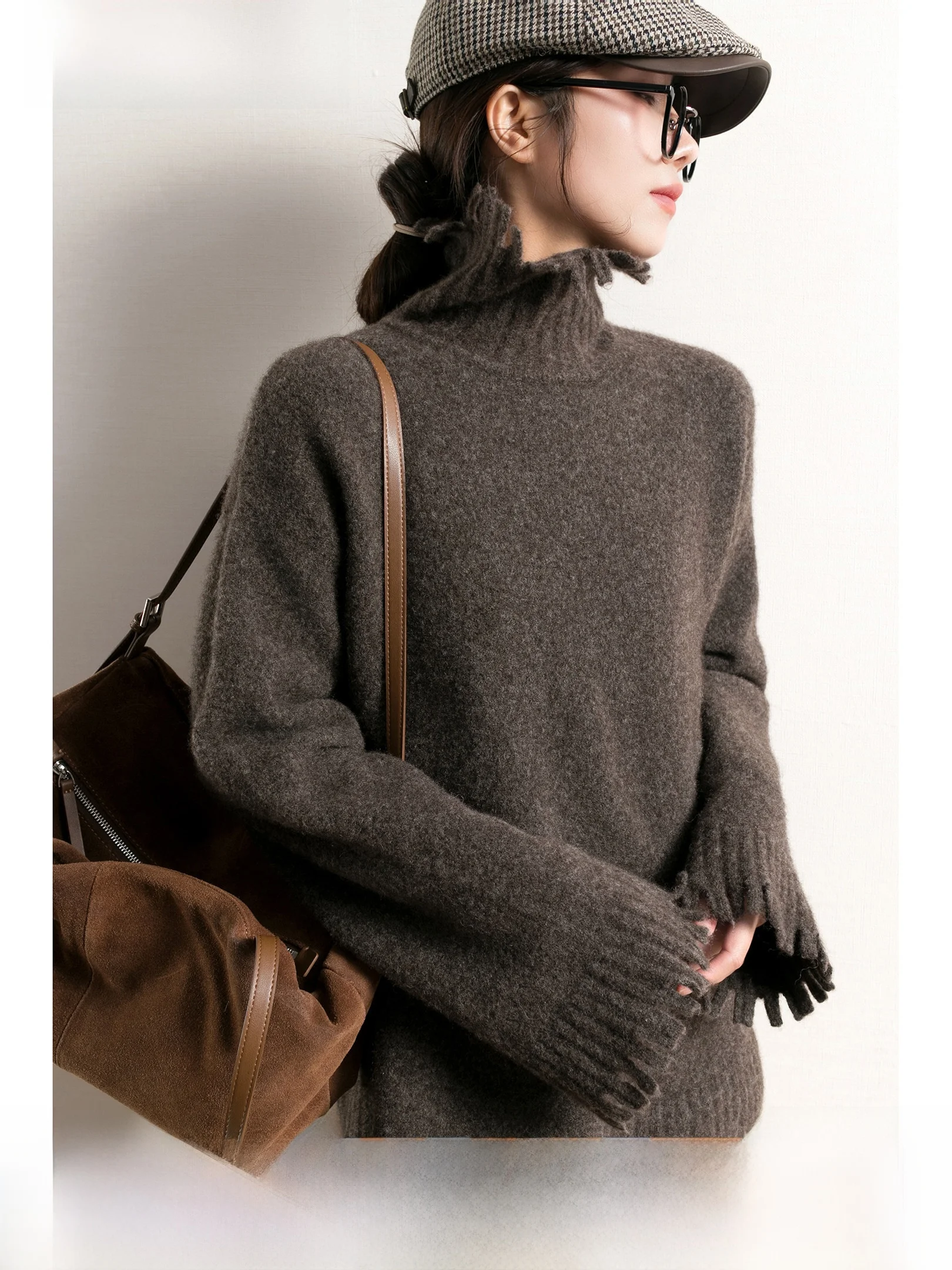 

TidePA Demure High Collar Design Soft Tibetan Camere Brown Sweater Women's Mid-Length Knitted Warmth Faion Commute Sle