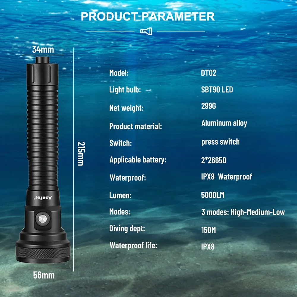 New Arrival Asafee underwater 5000lm diving lamp rechargeable 26650 battery flashlight waterproof IPX8 SBT90 LED divinglight