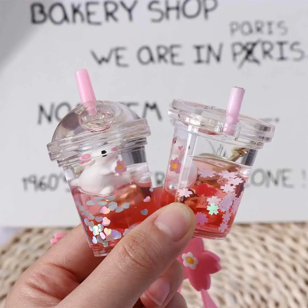 Cute Rabbit Drink Bottle Bag Pendant Moving Liquid Floating Liquid Keychain Rabbit Milk Tea Cup Keyring Key Ring Boba Keychain