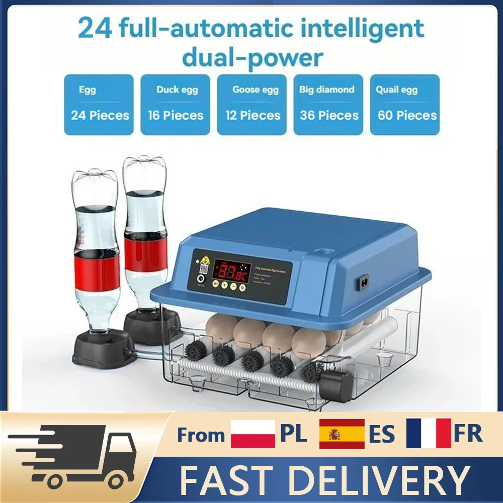 Incubateur d'œufs entièrement automatique 15/24 œufs, incubation intelligente avec retournement automatique et contrôle/température affichées, et ajout automatique d'eau, double alimentation