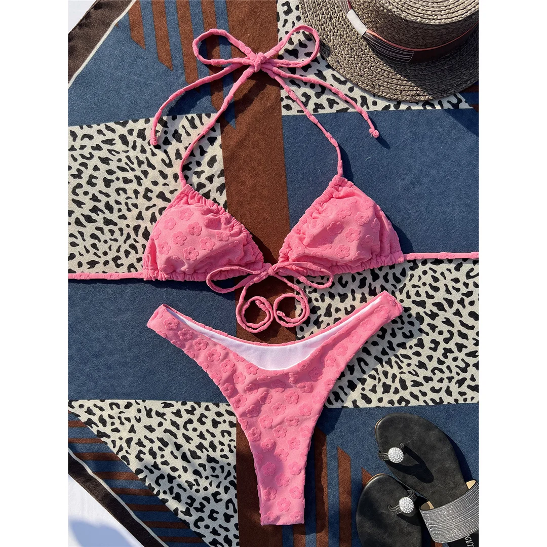 Rosa, verführerischer Bikini mit Neckholder-Ausschnitt, brasilianischer Schnitt, mittelhoher Bund, zweiteiliges Badeanzug-Set für Damen, Badebekleidung, Badeanzug, Modell V4560. – Detail 18