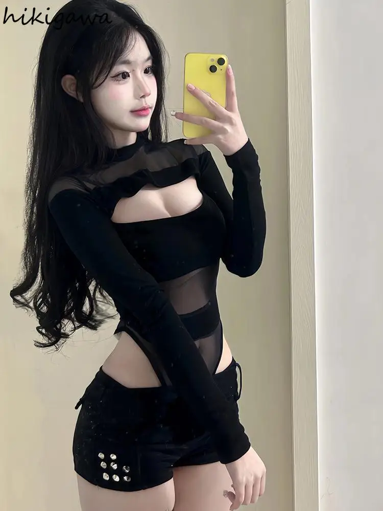 

Harajuku T Shirts for Women 2025 Ropa Mujer Patchwork Gauze Sexy Tees See Through Camisetas Y2k Tops Hollow Out Tunic T-shirt