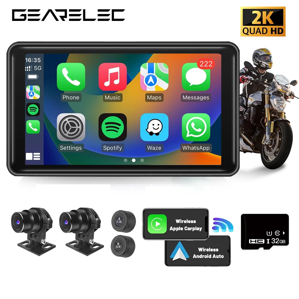 

Wireless Apple CarPlay Dual Bluetooth DVR for Motorcycles 5" IPS Portable GPS Navigation Android Auto Motorbike IPX7 Waterproof