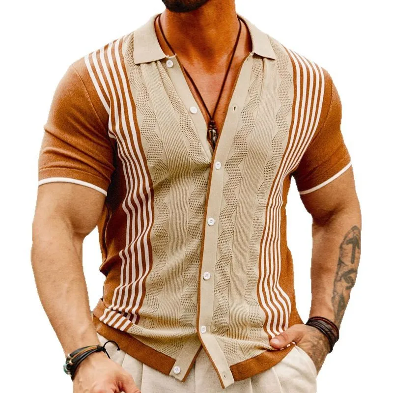 ผู้ชายเสื้อโปโลเสื้อยืดแขนสั้นเสื้อลําลองเสื้อสเวตเตอร์ถักเดี่ยวปุ่มหลวมลายฤดูร้อน 2025