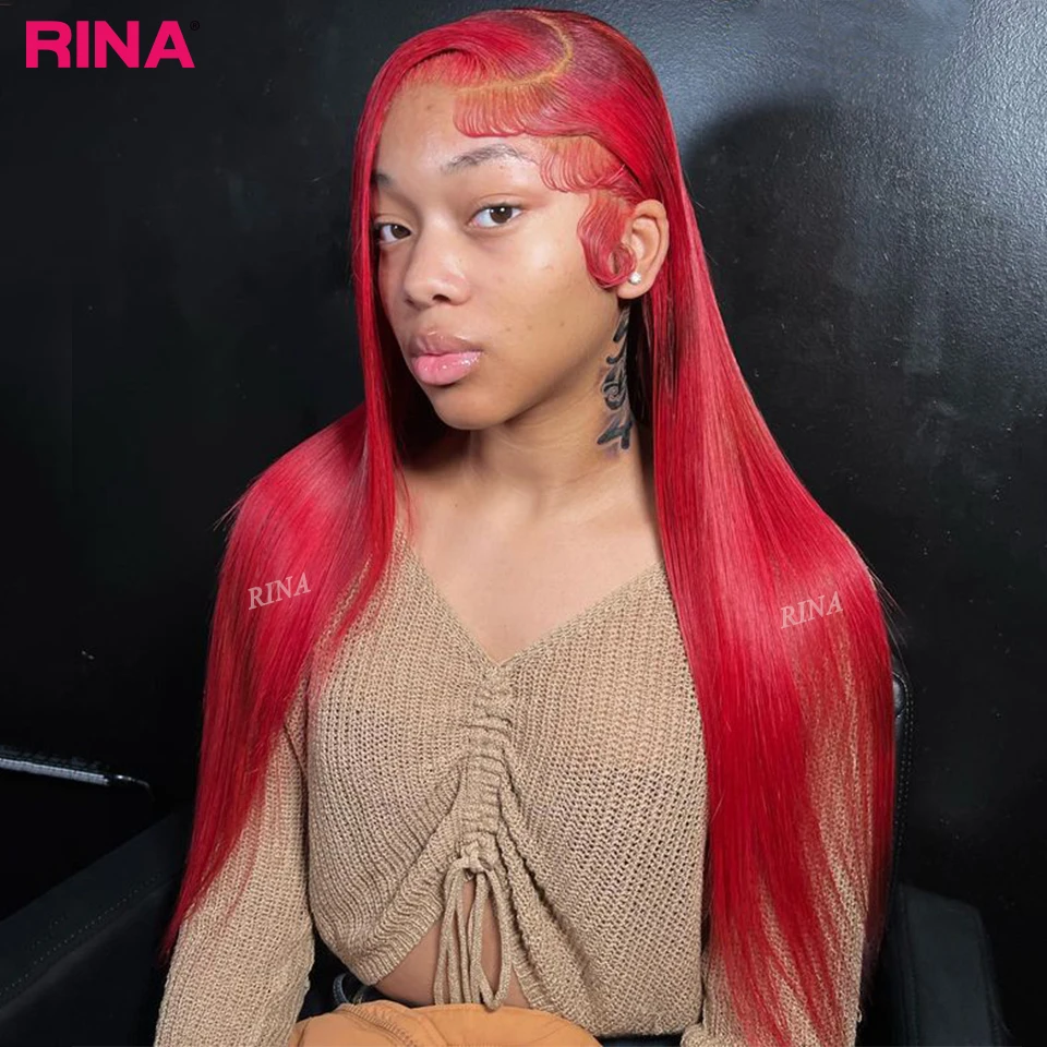 Rina Hair Cherry Red 13x6 Lace Front Wig Human Hair 13x4 Straight Lace Front Wig 30 Inch PrePlucked 5x5 Lace Closure Wigs