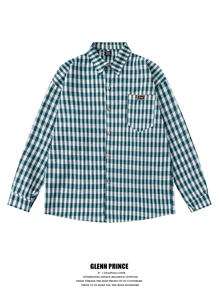 

Мужская модная универсальная рубашка свободного кроя из хлопка с длинным рукавом, в клетку, с отложным воротником, для весны и осени