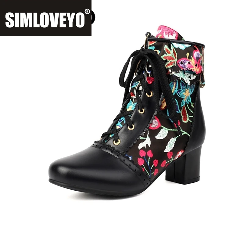 

SIMLOVEYO Ботильоны с цветочным принтом и круглым носком, квадратный каблук 5 см, ремешок с вырезом, большие размеры 46 47 48 US16 US17 Студенческий белый черный