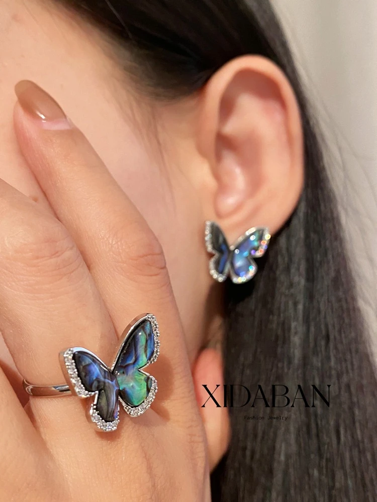 New Fashion Natural Abalone Shell Butterfly Stud Earrings for Women Silver Color Butterfly Zircon Earrings Jewelry Party Gifts