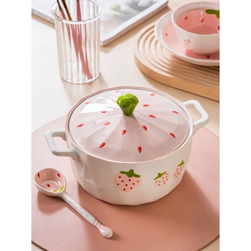 

Binaural instant noodle bowl with lid, cute large-capacity ceramic for home use