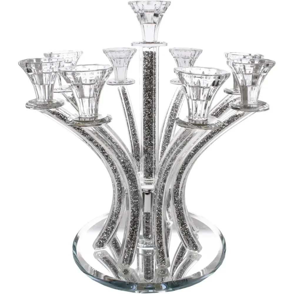 Crystal Candelabra with Stones 9 Arms Candle Holders (Silver)