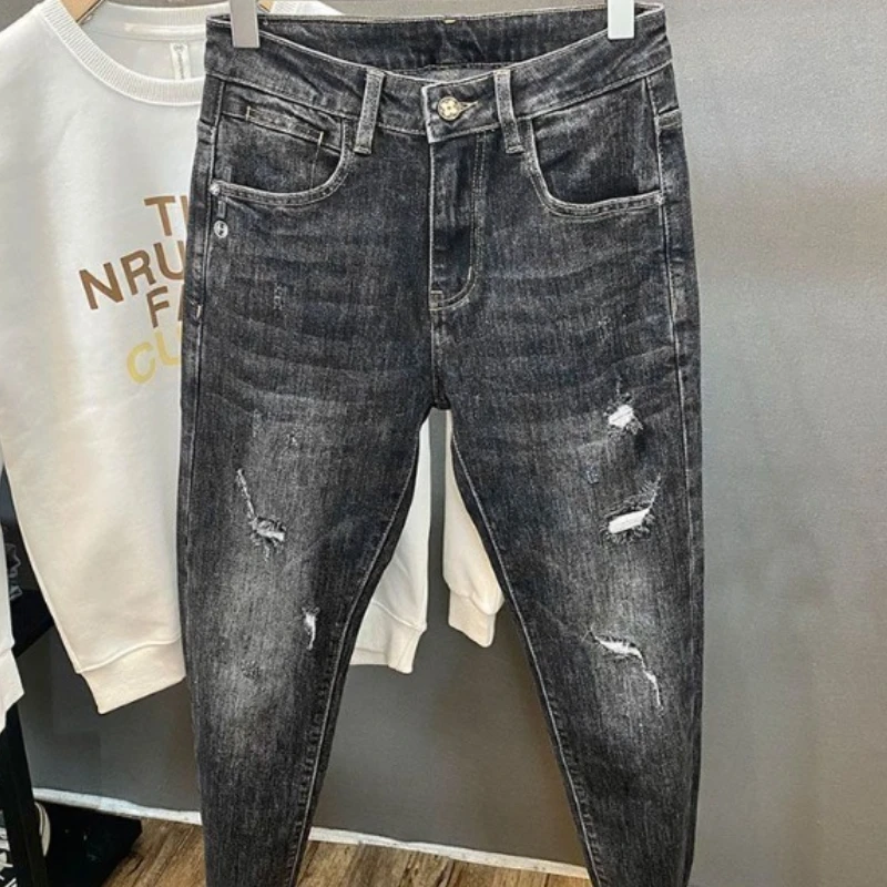 Spring Autumn Fashion Casual Men's Jeans 2025 New Loose Stretch Grey Pants with Patch Holes and Carrot-shaped Long Pants
