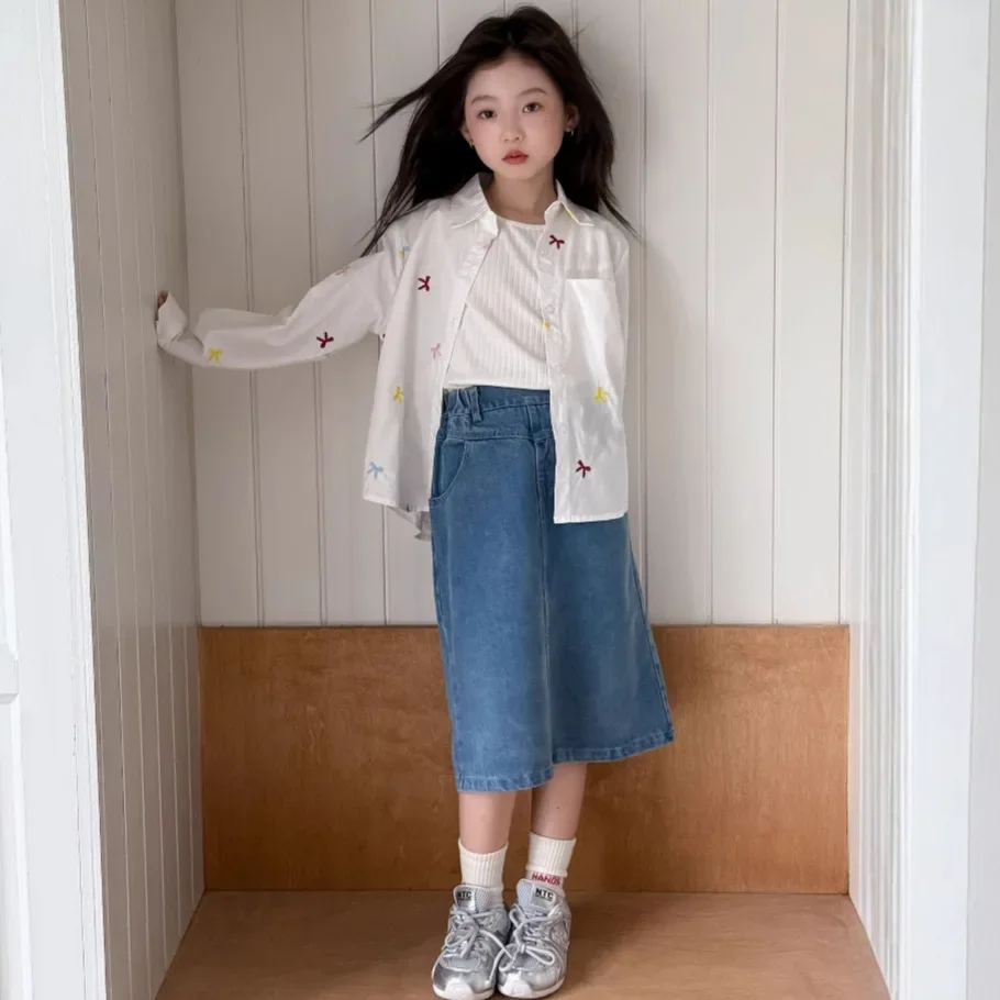 

Girls Long Sleeved Shirt 2025 Spring and Summer New Children Clothing Cartoon Bow Embroidered Top Versatile Base Denim Skirt