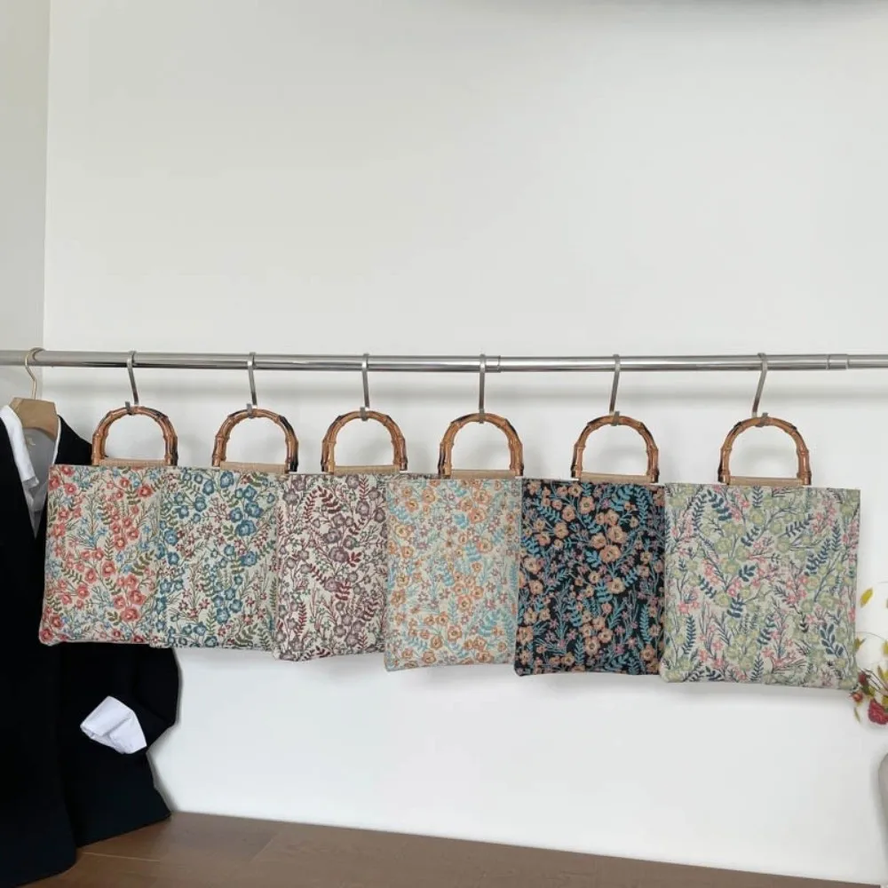 Cloth Material Bamboo Knot Handbag Vintage Floral Flower Print Chinese Style Tote Artistic Large Capacity Jacquard Tote Bag