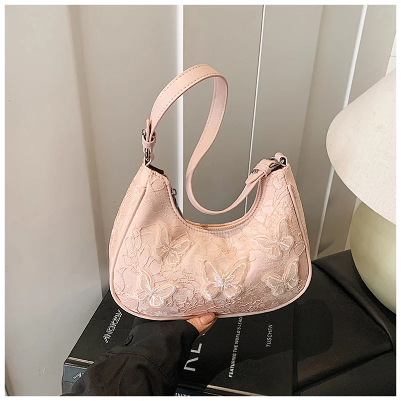 

Женская сумка с вышивкой бабочек и кружевом, новинка 2026 года, модная универсальная сумка на плечо, изысканная сумка-багет премиум-класса