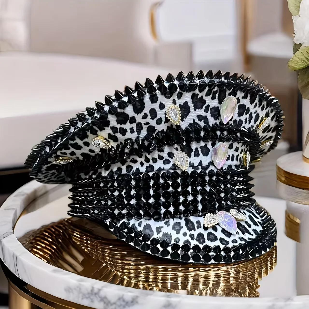 HongLuan Yellow Laser Leather Loop Captain Hat Rhinestone & Military Caps for Woman, Rave Festivals Accessories ＆ Party Cap Man