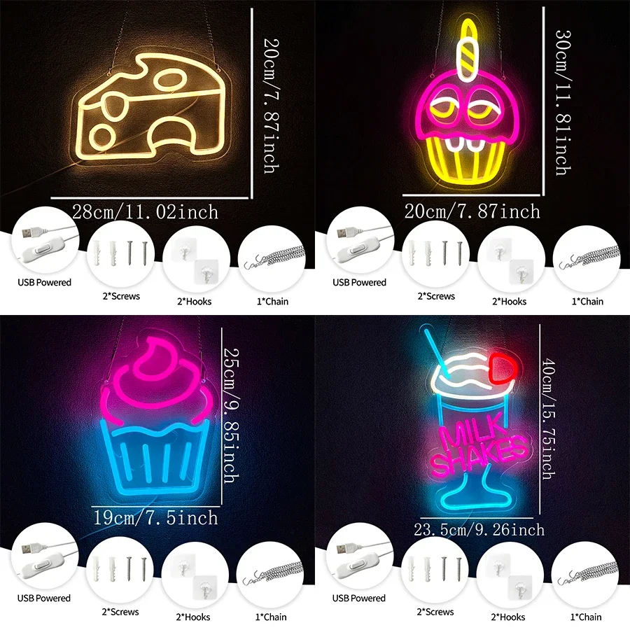 Sinais de néon da série de sobremesas, decoração de parede de ícones de comida de queijo e bolo, lâmpadas de parede artísticas de sobremesas, lojas e restaurantes.
