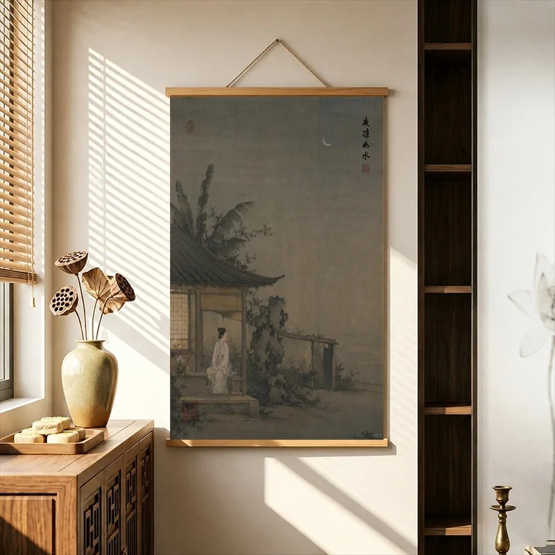 Room Decor Aesthetic Breeze Beside a Quiet Window, Wabi Sabi Decor Pearlescent Canvas Hanging Scroll Decor for Reading Nook