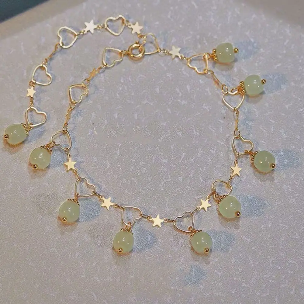 Foot Jewelry Chinoiserie Jade Anklet Green Heart Alloy Star Summer