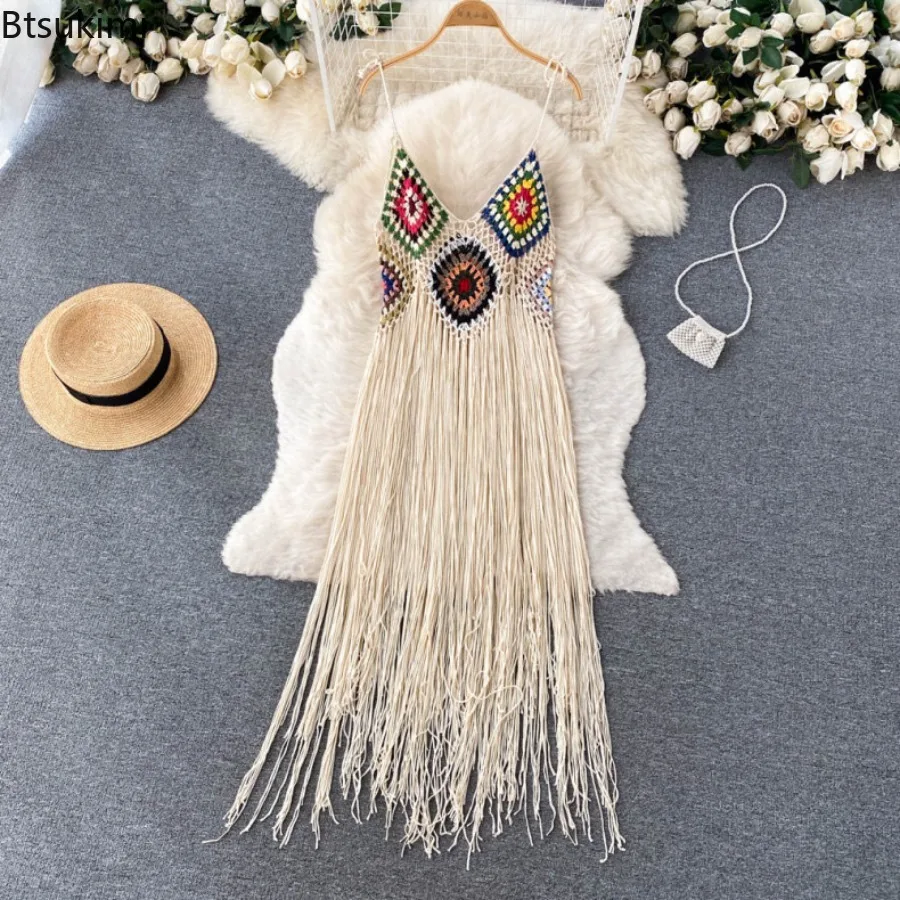 New 2026 Women's Summer Sexy Tassel Beach Swimwear Mid Length Skirt Flower Block Beach Bikini Cover Up Clothing Women's Swimsuit