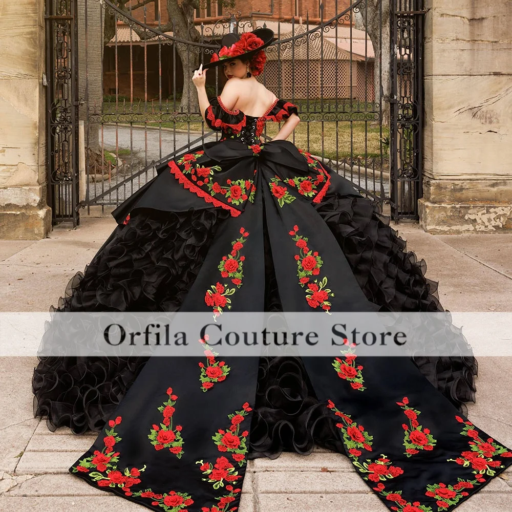 Charro Mexican Black Quinceanera Dresses Embroidery Applique Off Shoulder Corset Ruffles vestidos de 15 años Customized