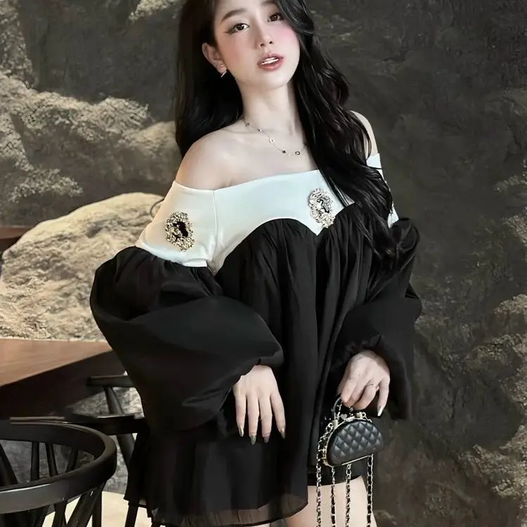 Korejepo Light Luxury Celebrity Dresses One Word Shirt Early Autumn High End Birthday Rich Daughter Unique Black Vestido 2024