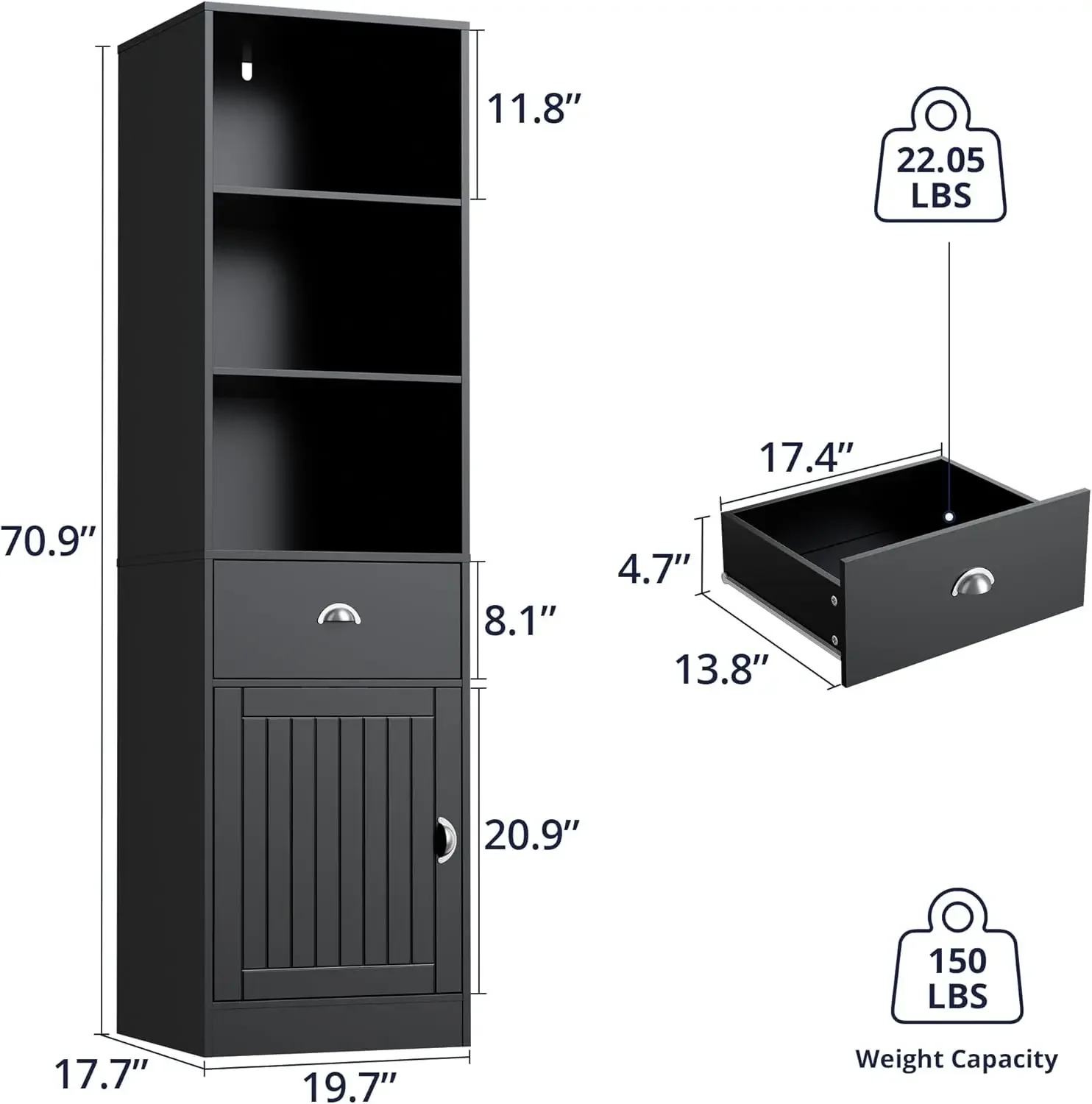 Castle Bookshelf with Door and Drawer, 3 Shelf Bookcase, 3-Tier Freestanding Tall Bookcase, Display Shelf with Cabinet, Narrow