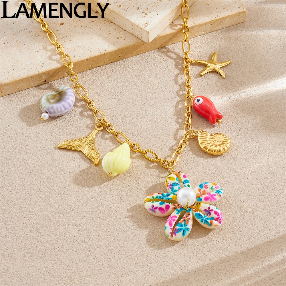 

LAMENGLY 316L Stainless Steel Colorful Flowers Shell Splicing Starfish Conch Pendant Necklace Women Elegant Fresh Neck Chain