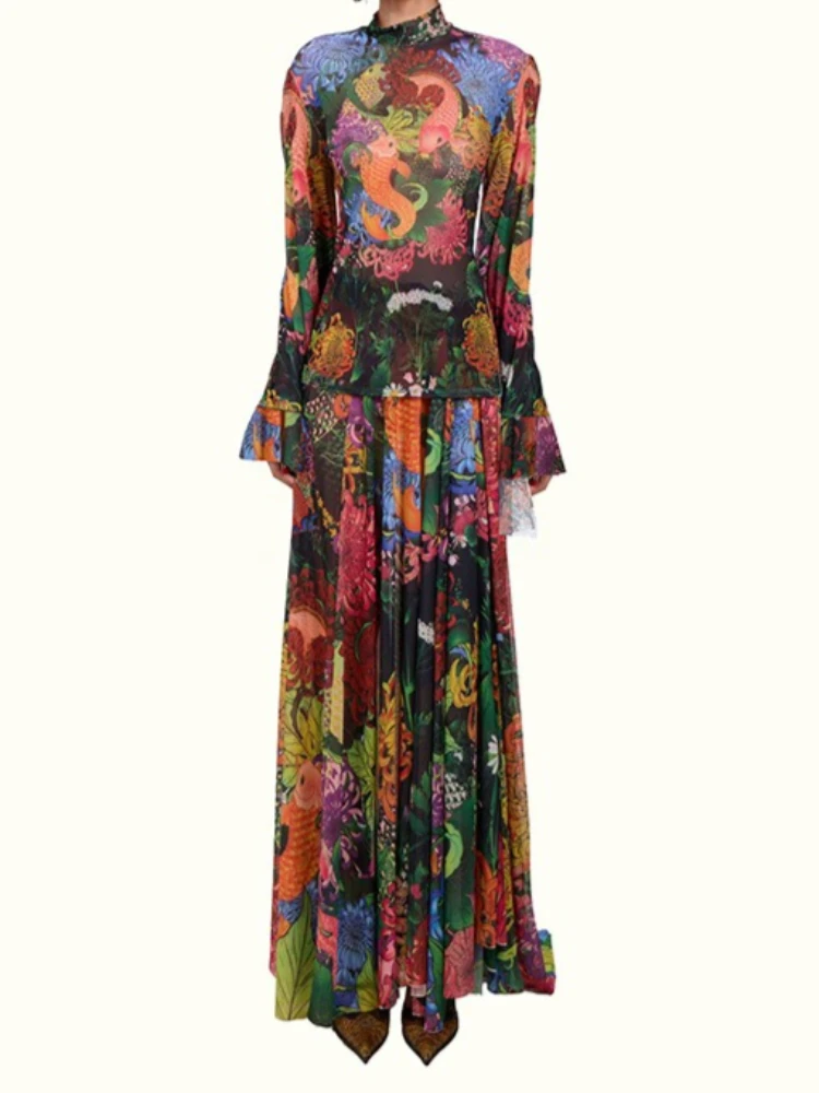 

Foamlina Women Two Piece Set Fashion Floral Print Mesh Long Sleeve Top and Maxi Skirt Suit 2026 Spring Summer Matching Outfit