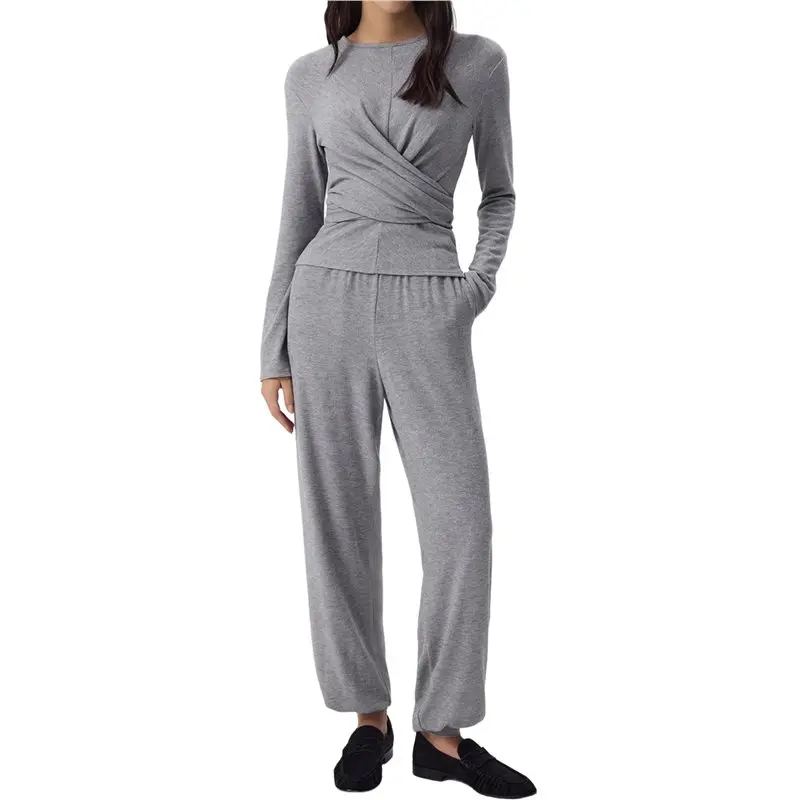 

CYL-Casual Workout Two Piece Outfits Long Sleeve High Waist Cross-Pleated Flared Wide-Leg Pants