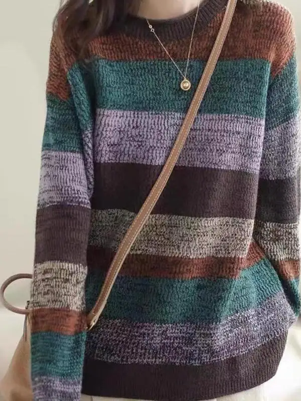 Artistique Vintage rayé tricots pull polyvalent intérieur couche de Base vêtements d'extérieur hiver Faion femmes coupe ample longue Sve