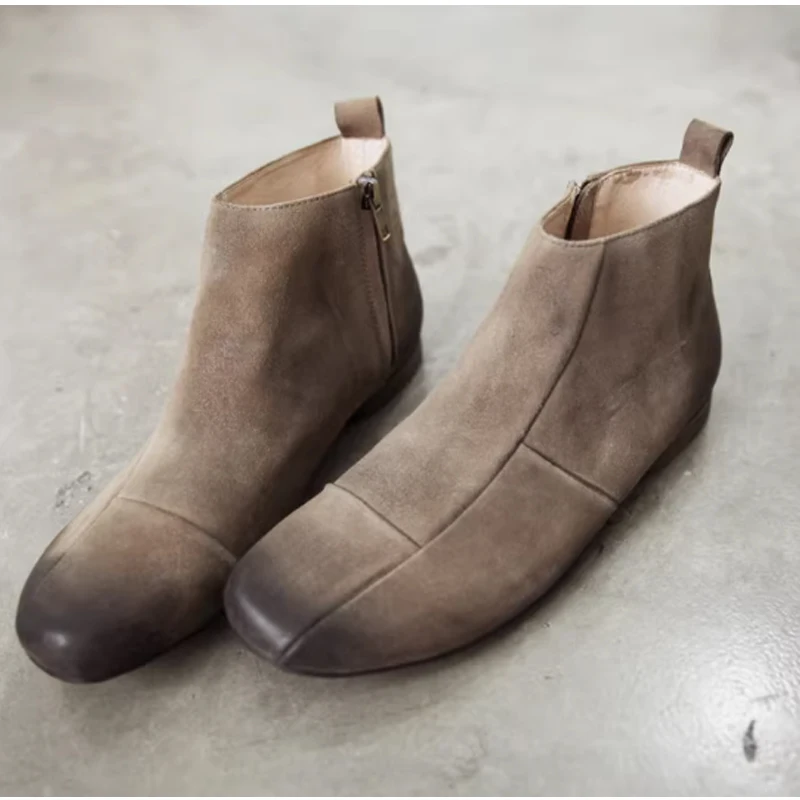 Men's Suede Side Zipper Round Toe Flat Ankle Boots 2026 Britain Style Casual Retro Lattice Boots Autumn Winter Fashion Footwear