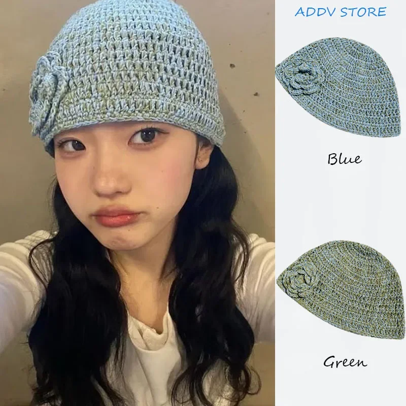 

Y2K Blogger Hand Woven 3D Flower Knitted Bonnets Hats for Women Mixed Color Versatile Yarn Streetwear Bucket Hat Basin Cap Gorro