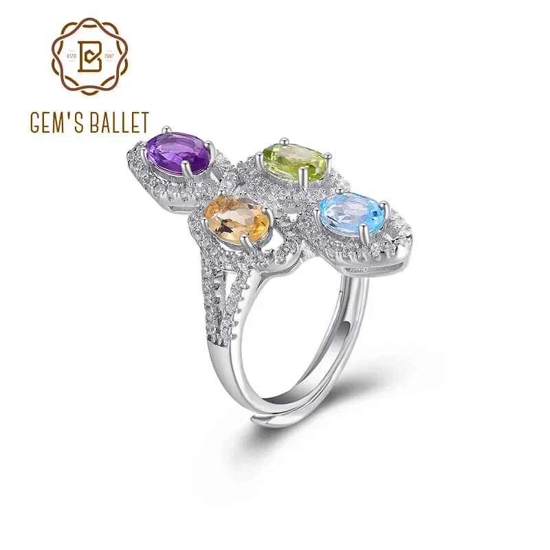 GEM'S BALLET Multi Gemstone Topaz Citrine Statement Handmade Ring 925 Sterling Silver Birthstone Adjustable Ring Gift For Her