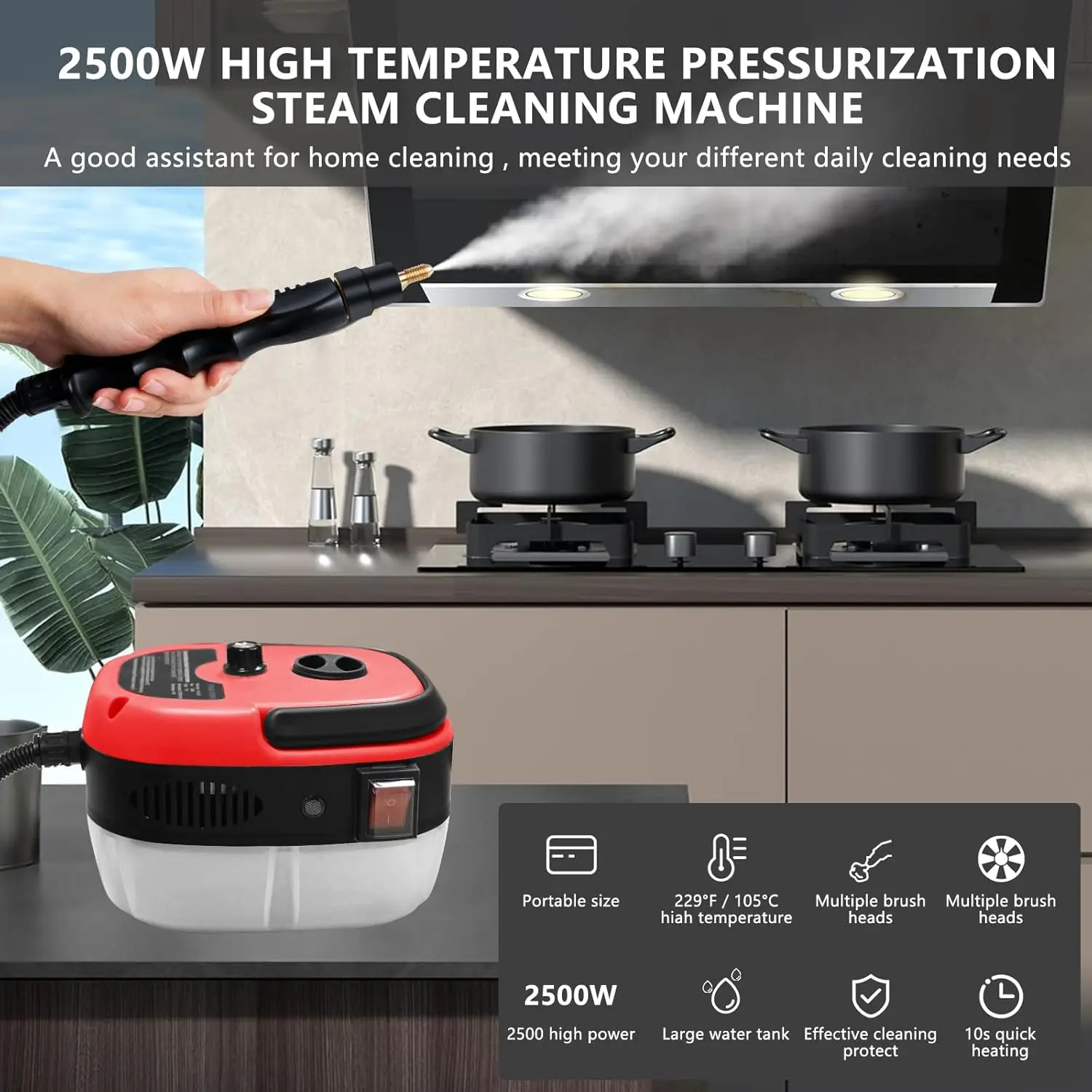 Steam Cleaner,2500W Hand-Held High Pressure Portable Cleaning Machine with  Brush, Steam Cleaner for  Use, Kitchen, , Bathroom,