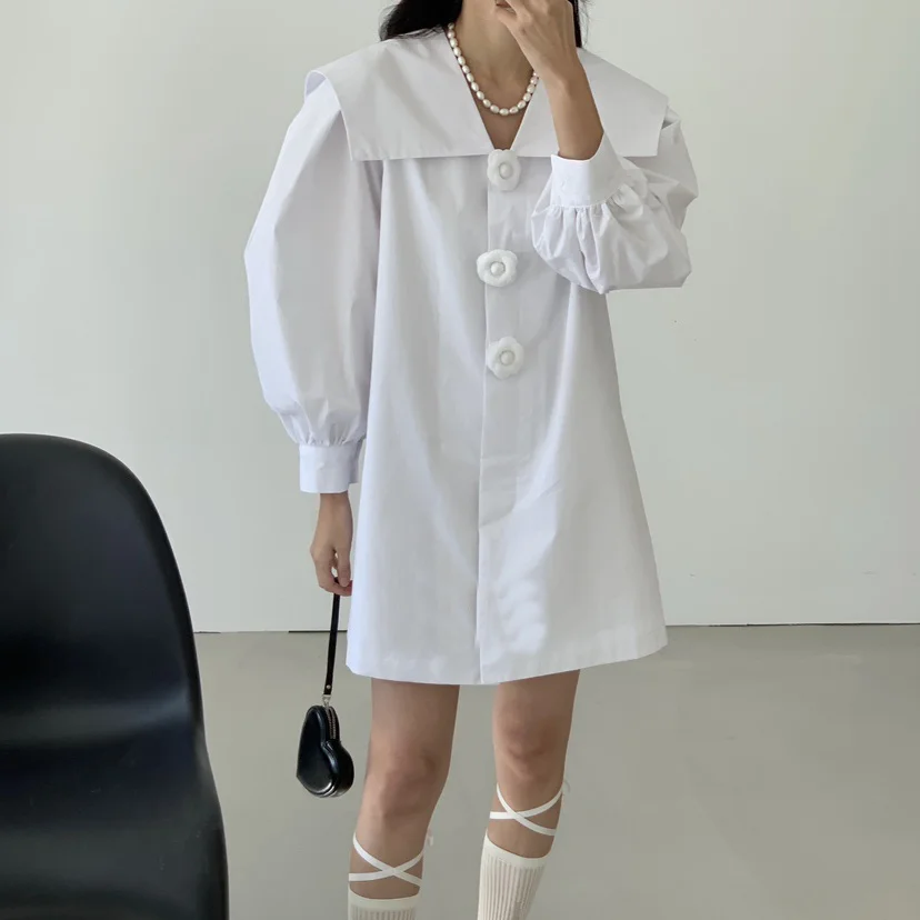 

Navy Collar Bubble Sleeve Shirt Dress Flower Button Loose Casual Lantern Sleeve Shirt Dress For Women Korea Chic Summer