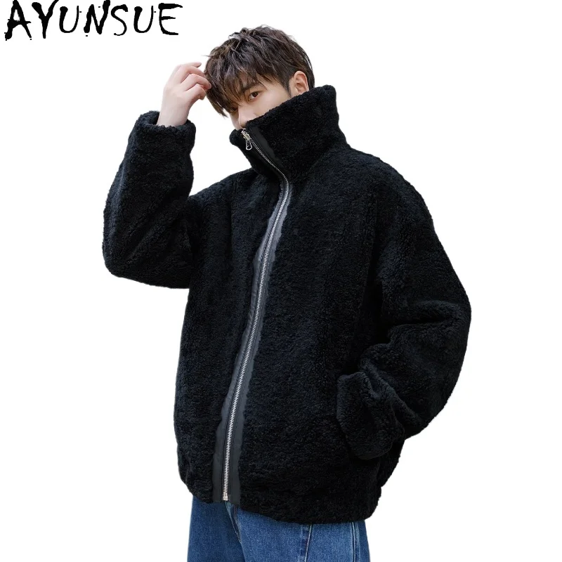 AYUNSUE New Original Sheepskin Fur Jacket for Men Winter Classic Black Natural Fur Coat Man Real Leather Jackets Coats Windproof