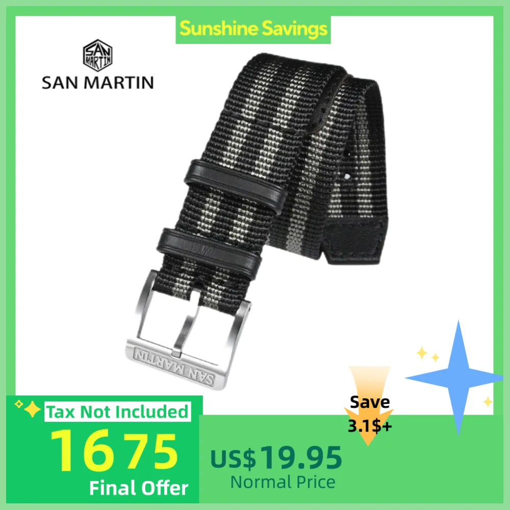 

San Martin High Density Premium Nylon Watchband For Watch With 20mm Lug Width Solid Steel Pin Buckle Retro Leather Loops SN0105