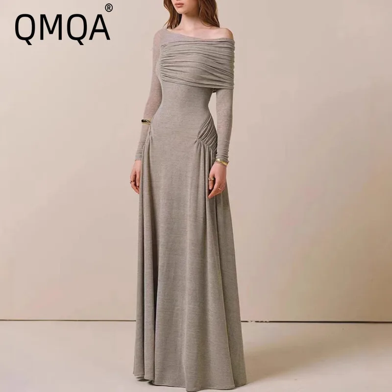 QMQA Fashion Women's Elegant Dress Pleated Off Shoulder High Waist Long Sleeve Slim Fit Elastic Maxi Dresses 2025 New QM633