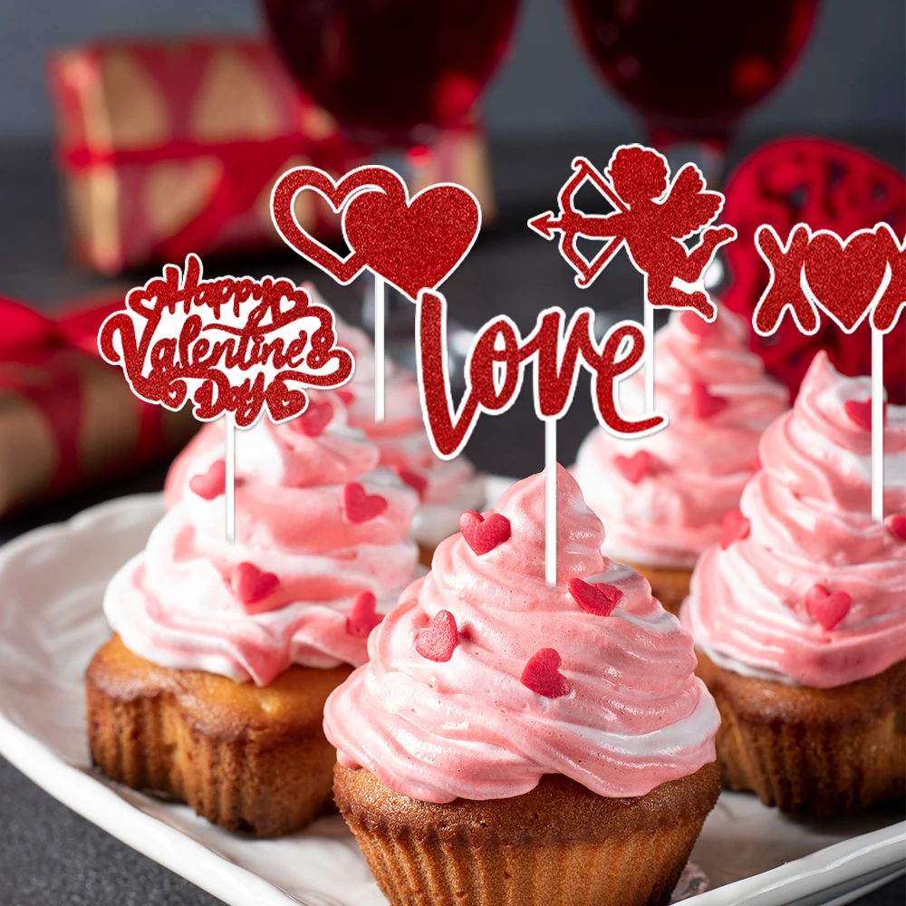 12pcs Red Heart I Love you XOXO Cake Toppers Valentines Day Cupcake Picks Wedding Engagement Birthday Party Cake Decoration