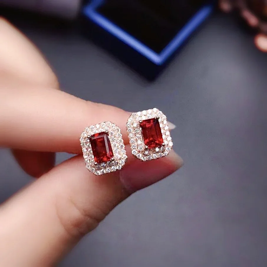 

Natural Garnet Sterling Silver Garnet Silver Earrings 4mm*6mm Emerald CutStud Earrings 925 Silver Garnet Jewelry