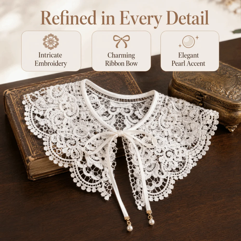 Embroidered Lace Fake Collar Shawl Hollow Ribbon Bow Lace Detachable Collar Pearl Pendant Ruffled Trim Tie Decorative Capelet