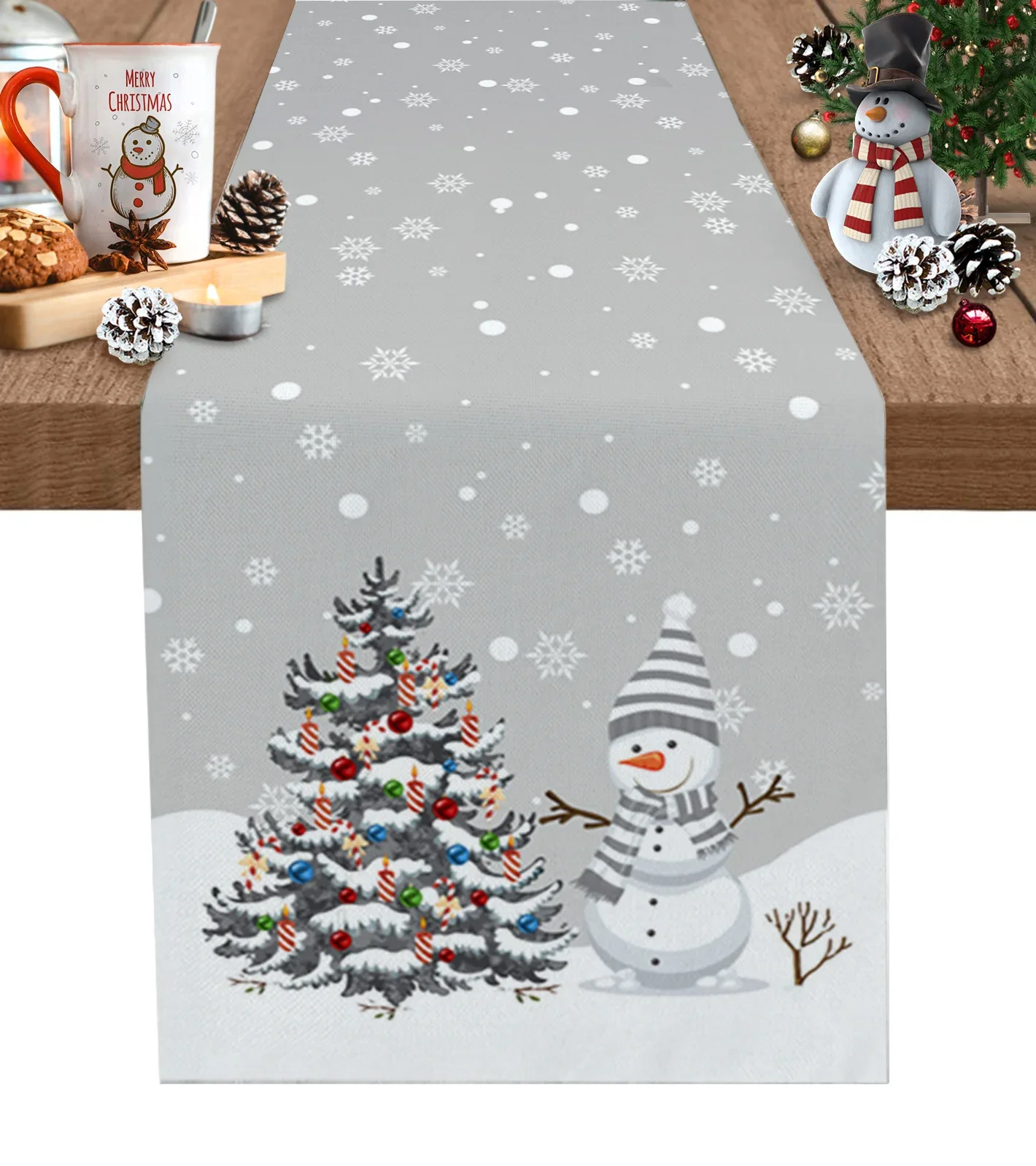 Snowflake Gray Snowman Christmas Tree Linen Table Runners Kitchen Table Decor Dining Table Runners Navidad Xmas Home Decoration