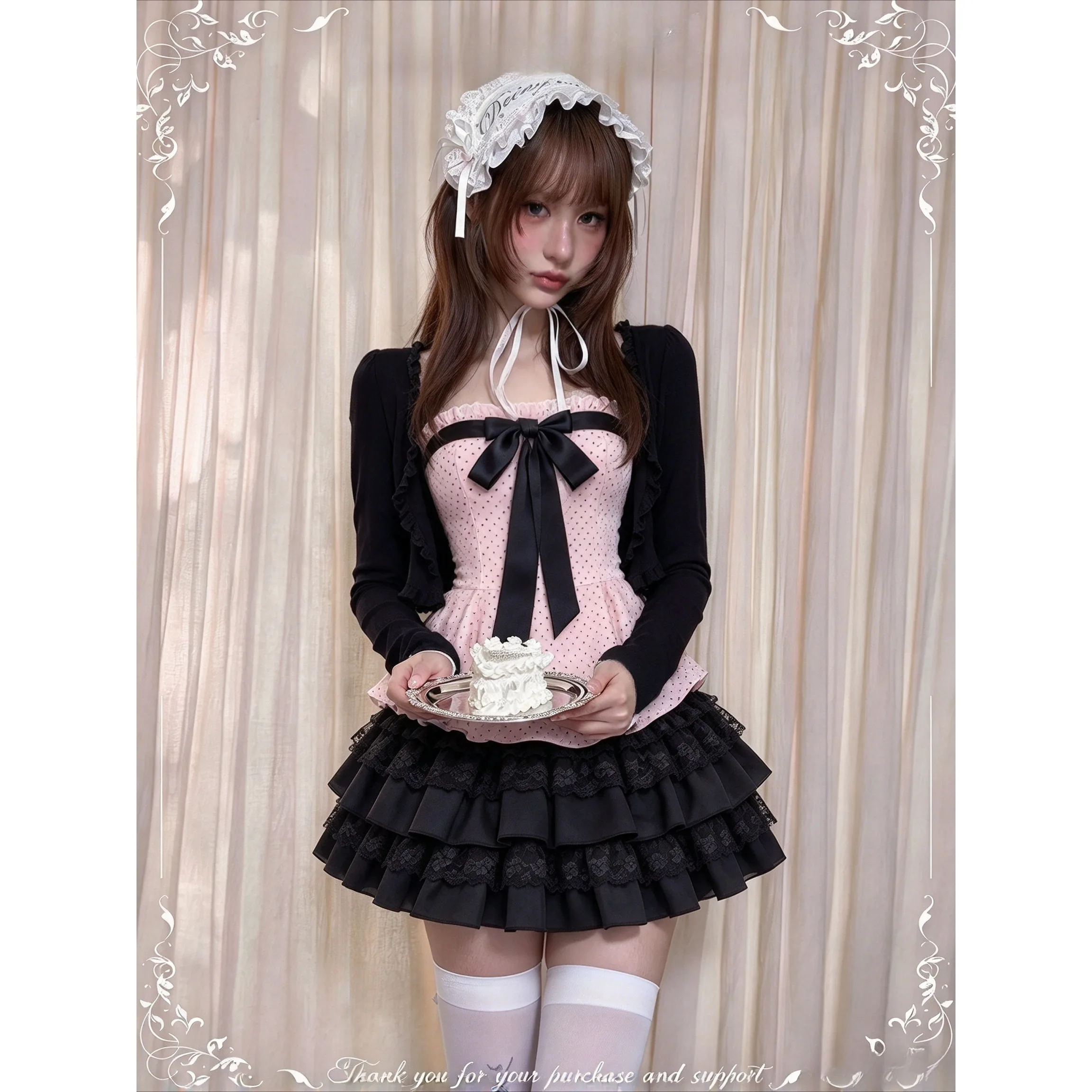 Y2K Kawaii Women 2 Piece Outfit Lace Patchwork Bow Top & Mini Skirt Japanese Preppy Korean Retro American Subculture Set
