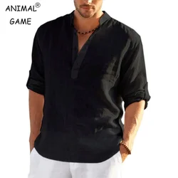 New Mens Cotton Tshirts Casual Linen Shirt Loose Long Sleeve Shirts Spring Breathable V-neck Clothing Plus Size Tops 5XL