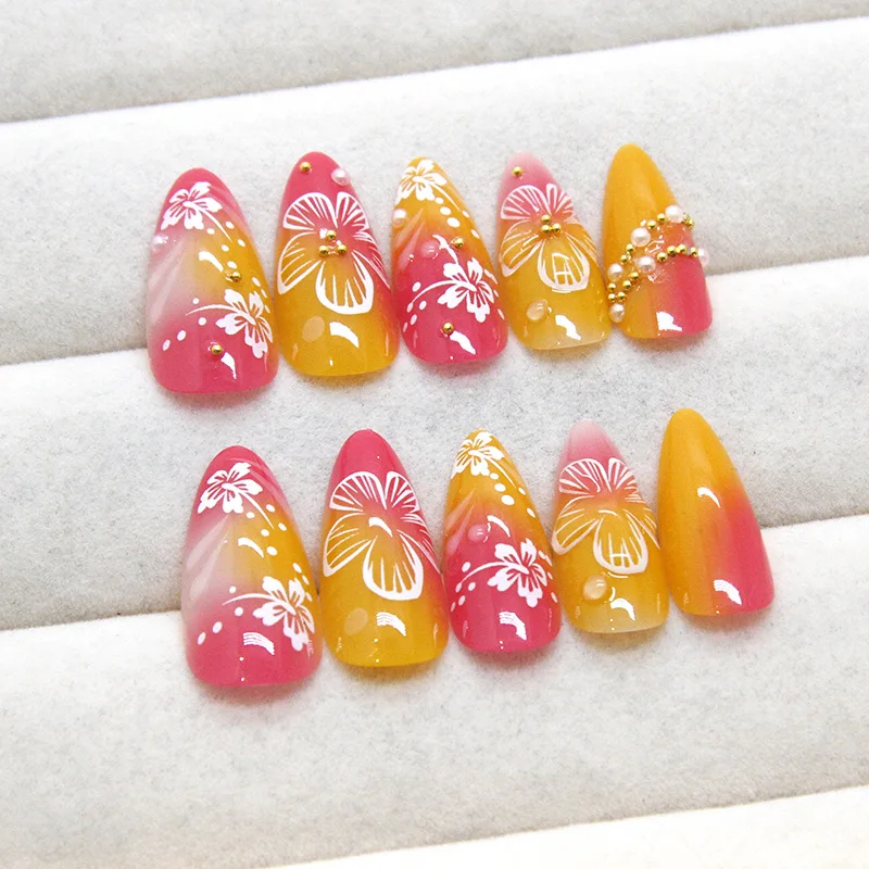 24szt Gold Pink Flower Press On Nails Glossy Almond Autumn Wearable Fake Nails With Pearl Gold Ball Decor Ballet False Nail Tips