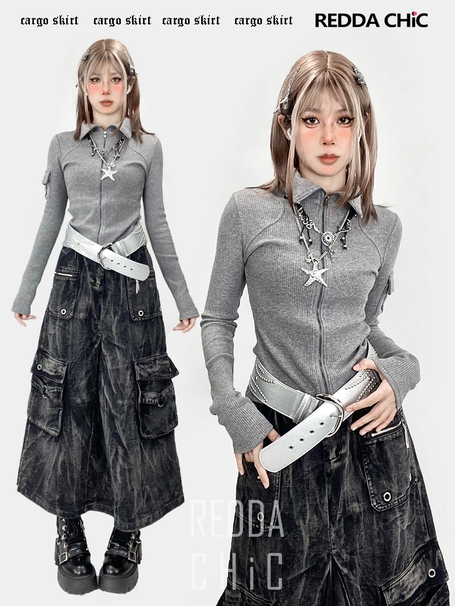 ReddaChic Tie Dye Black Jeans Cargo Skirt Women Midi Long Eyelets Pocket Do old Pleat A-line Denim Skirt Acubi Fashion Clothes